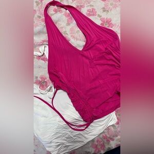1x SHEIN curve cropped pink and white halter tops with rushed drawstring sides